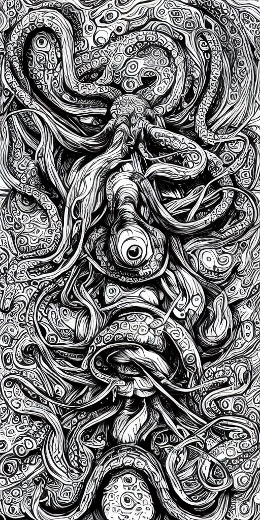 Prompt: psychedelic portrait of an angry octopus, cartoon illustration, finely detailed, photorealistic illustration, “ go away ”,