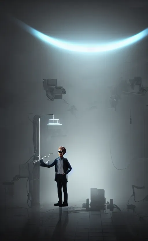 Image similar to scientist is holding a folder, he is in shock, dark building, the folder glows and lights up his face, professional lighting, 3 d digital modeling, movie scene, concept art, detailed art,