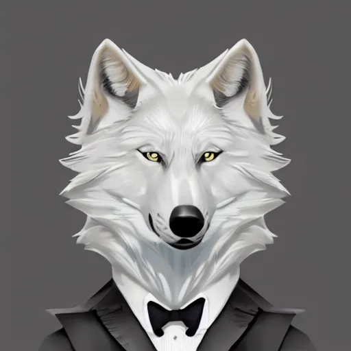 Image similar to An Award Winning Masterpiece Character Illustration trending on artstation of a White Wolf in a Tuxedo, 4k, ultra detailed