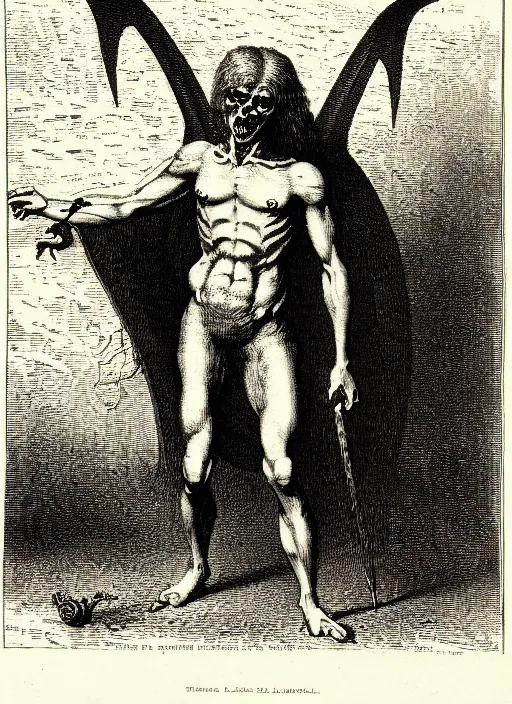 Image similar to illustration of shane madej as a demon from the dictionarre infernal, etching by louis le breton, 1 8 6 9, 1 2 0 0 dpi scan, ultrasharp detail, clean scan