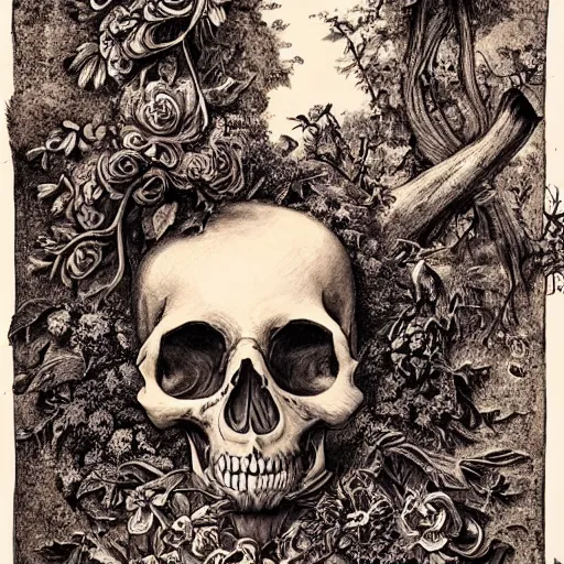 Image similar to a beautiful detailed rococo 8 0's photo of a rotten woman corpse becoming almost a skull with face muscles, veins, arteries, fractal plants and fractal flowers and mushrooms growing around, intricate, ornate, volumetric light, beautiful lit, beetlejuice