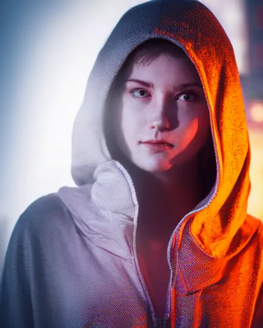 Image similar to a closeup portrait of as beautiful young woman wearing a transparent hoody standing in the middle of a busy night road, misty with lots of bright neon lights on the background, very backlit, moody feel, dramatic