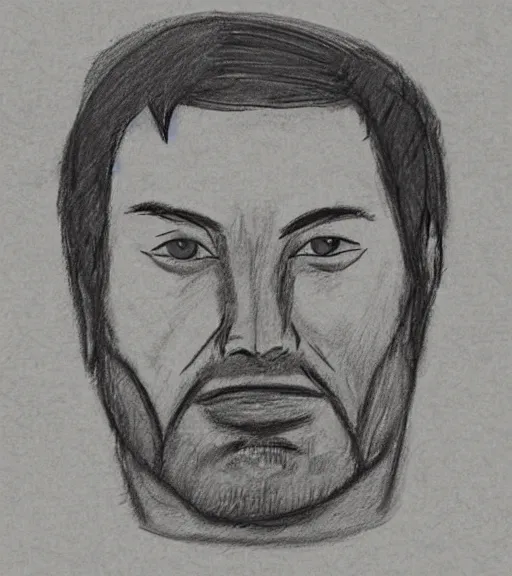 Prompt: weird crime suspect sketch of a man, poorly drawn crude police sketch of a wanted person john doe