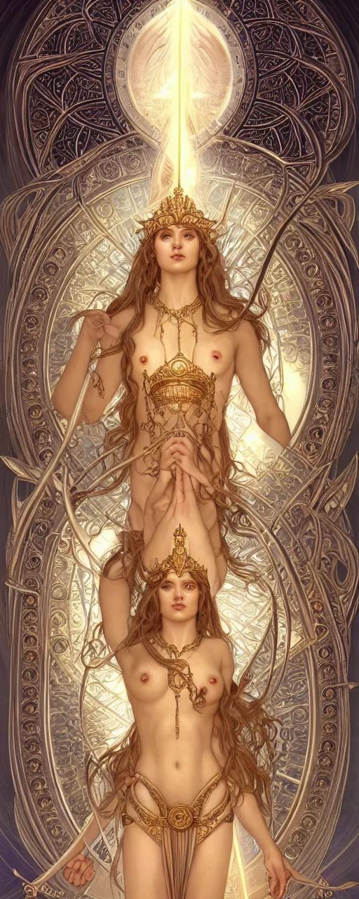 Image similar to perfectly detailed esoteric goddess of scales judgement tarot card!! blessed by nature with ever - increasing physical mental perfection, symmetrical! intricate, sensual features, highly detailed, biblical divine holy perfection!! digital painting, artstation, concept art, smooth, sharp focus, illustration, art by artgerm and greg rutkowski and alphonse mucha