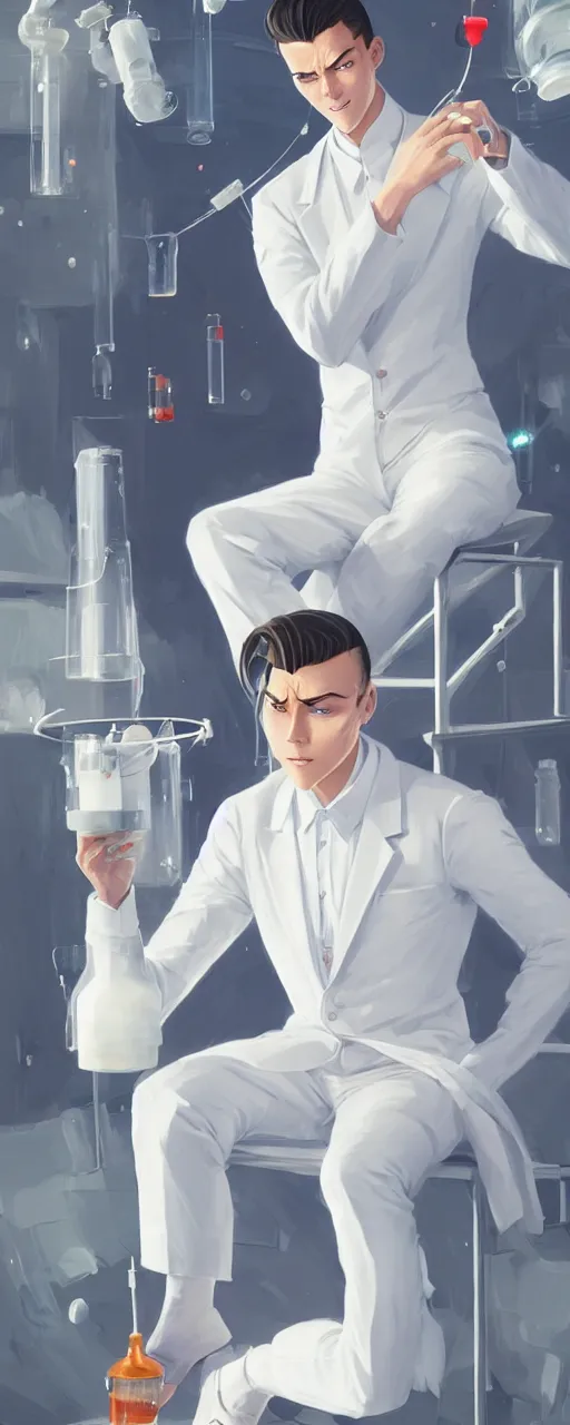 Prompt: tired and dissapointed emotionless butch young man scientist with short slicked - back hair, making an experiment - wearing white suit, wearing jetpack, digital art, rough paper, behance hd by jesper ejsing, by rhads, makoto shinkai and lois van baarle, ilya kuvshinov, rossdraws global illumination.