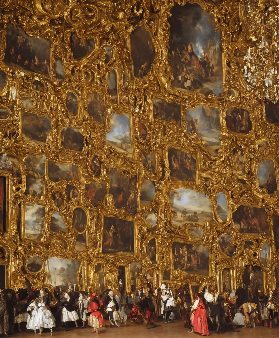 Image similar to fine art, oil on canvas baroque style by diego velasquez. the interior of the palace of versailles in france. fine art in the walls and