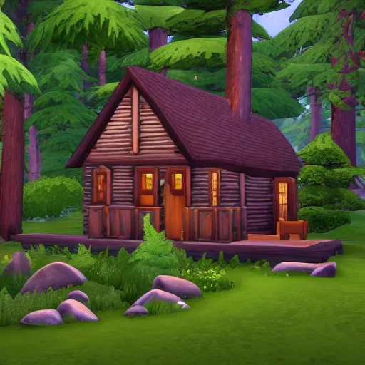 Image similar to a Eerie cabin in the middle of the woods in Sims 4, gameplay footage