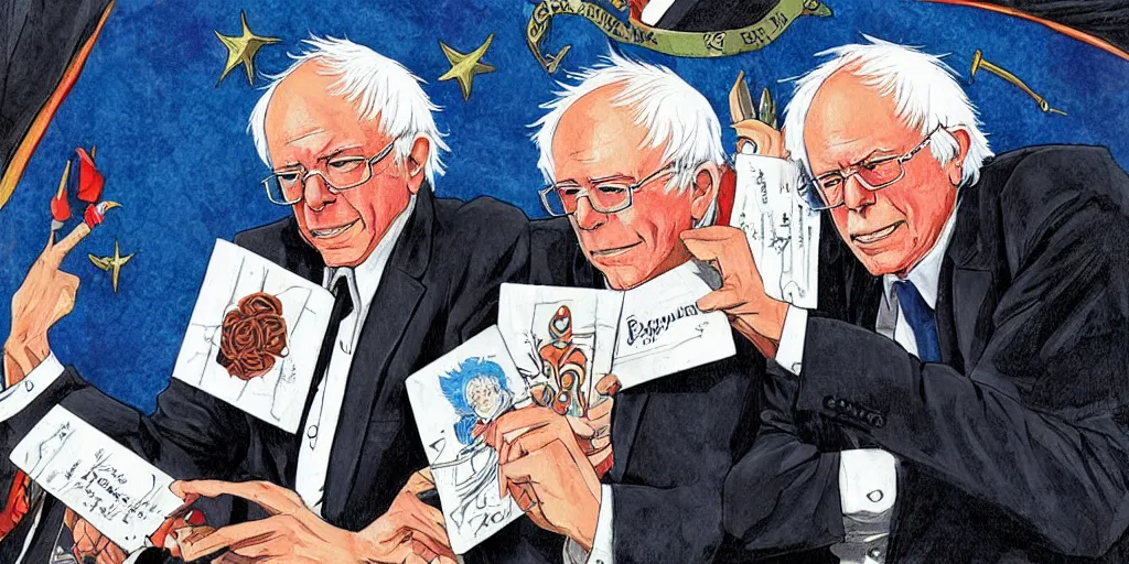 Prompt: Bernie sanders, tarot card, anime