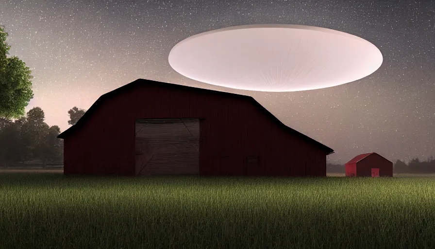 Image similar to a ufo floats over a barn with a broken roof, debris is ascending toward the ufo, volumetric lighting, night, photorealistic rendering, color palette, 8 k