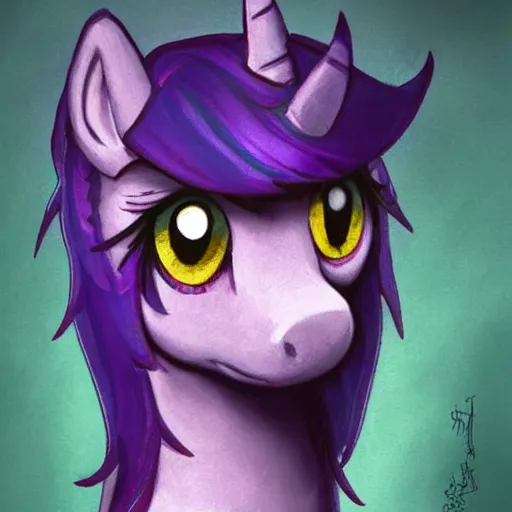 Image similar to portrait of a menacing beautiful Twilight Sparkle TwilightSparkle, short muzzle, top half of body, My Little Pony, by Stanley Artgerm Lau , greg rutkowski, thomas kindkade, alphonse mucha, loish, norman rockwell, J. C. Leyendecker. bright purple mane, purple fur, angry complexion, beautiful detailed eyes, black rose frame. D&D, fantasy. Trending on artstation rule of thirds extremely detailed old illustration hd 4k