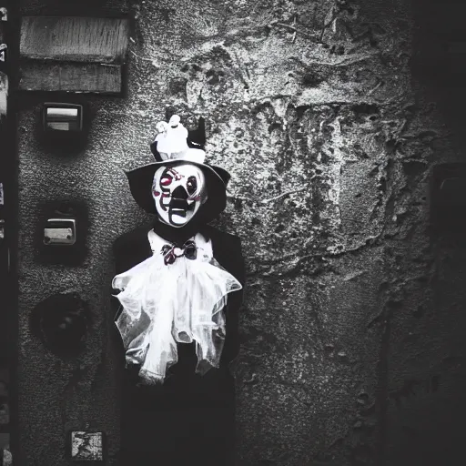 Prompt: an old black & white 5 0 mm close up portrait of a man dressed up as a clown in a dark foggy alley