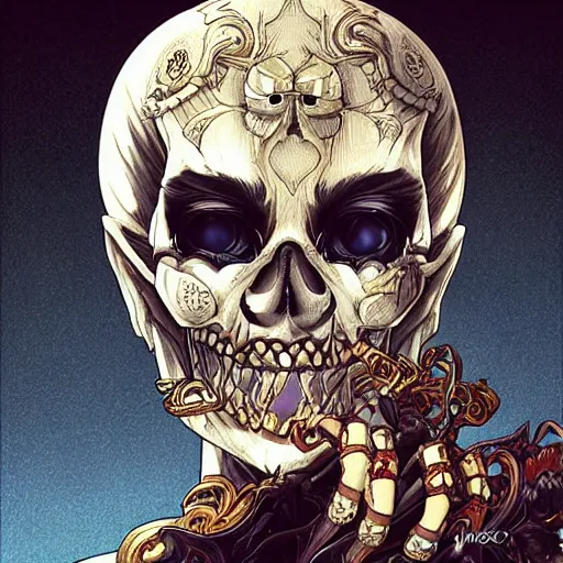 Prompt: anime manga skull portrait young woman, devil, fire, skeleton, intricate, elegant, steve mccurry, highly detailed, digital art, ffffound, art by JC Leyendecker and sachin teng