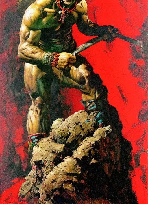 Prompt: portrait of barbarian on mountain, coherent! by mariusz lewandowski, by frank frazetta, deep color, strong line, red green black teal, high contrast