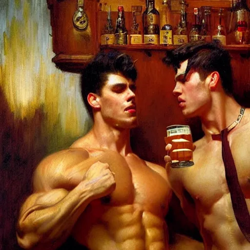 Image similar to attractive muscular male with red hair and muscular attractive male with black hair, drinking their hearts out, in a pub. very defined and highly detailed painting by gaston bussiere, j. c. leyendecker, craig mullins 8 k