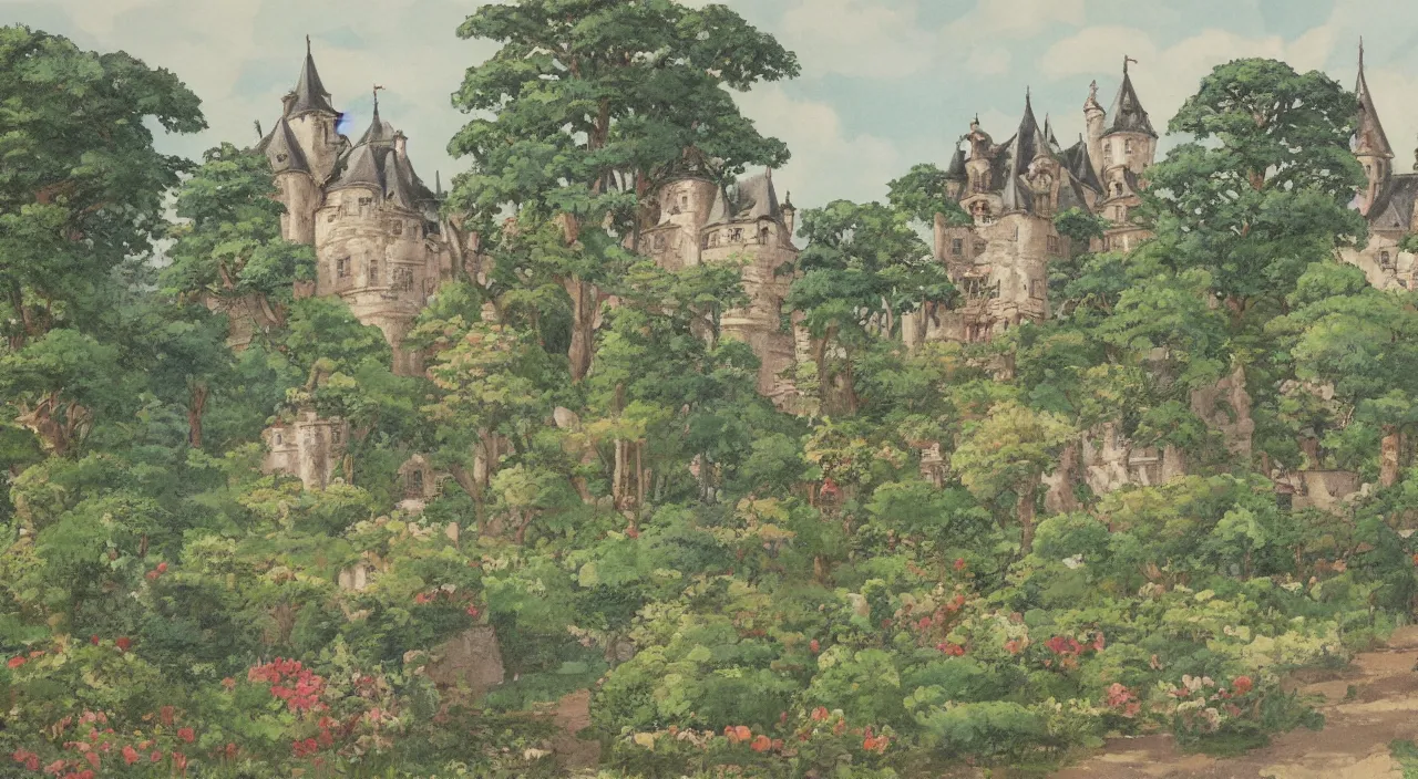 Prompt: a landscape painting of a French castle, with a garden, by Studio Ghibli