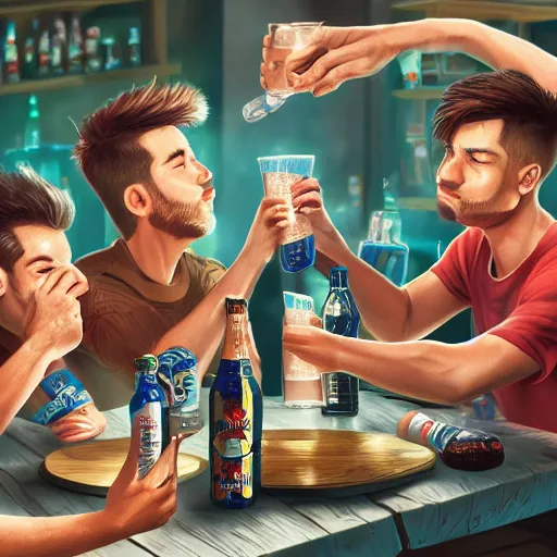 Prompt: Cracking open a cold one with the boys. High resolution. Highly detailed. Trending on art station. 4k. Dramatic.