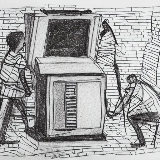 Prompt: very simple bad ballpoint pen line drawing of a furnace with people around it, pen on paper simple drawing by a child, no shading