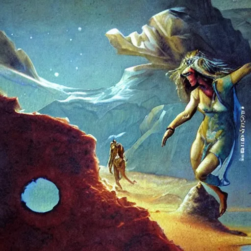 Image similar to A fresco painting of a nomadic wanderer traversing a corrupted futuristic crystal desert by Jacek Yurka, Kelly Freas