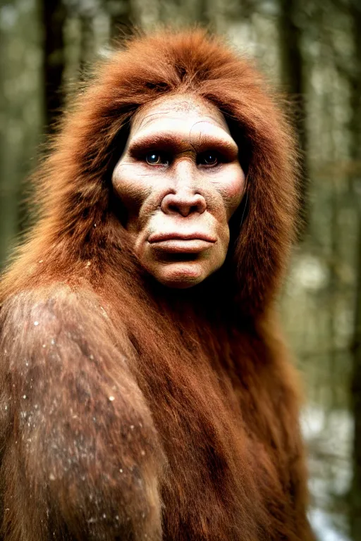 Image similar to a professional portrait photo of a neanderthal woman in the forest in winter, mud on face, ginger hair and fur, extremely high fidelity, natural lighting, still from the movie quest for fire