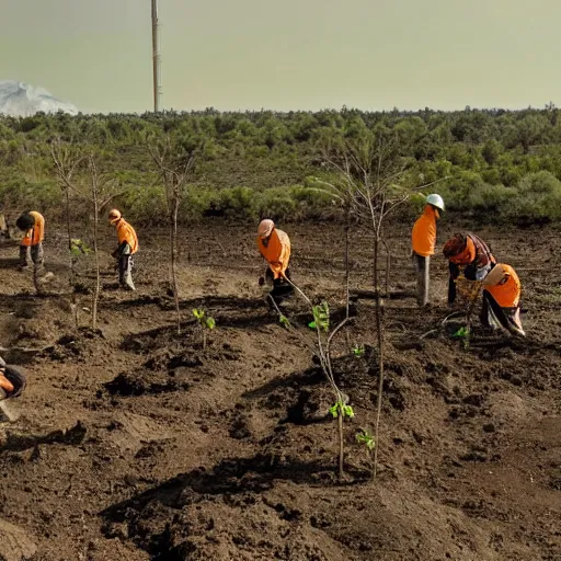 Image similar to a group of workers planting trees in a barren landscape alongside a sci fi nuclear containment building with a utopian city in the distance