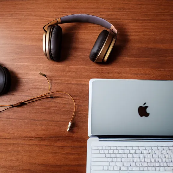 Prompt: meze classics headphones on a mahogany desk next to a sleek macbook, wooden headphones, wood headphones, gold metals, intricate high detail, extreme quality, photographic, meze audio, sennheiser, hifi