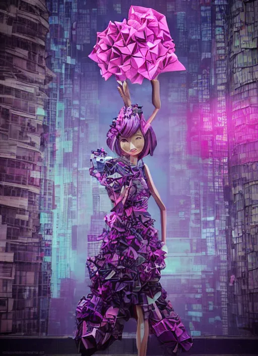 Image similar to downtown tokyo made out of newspaper and neon lights, beautiful anthropomorphic purple squid woman wearing a flowing paper dress and posing, paper origami, many origami roses, city background, heavenly light, 3 d, very detailed, octane render, trending artstation, artgem