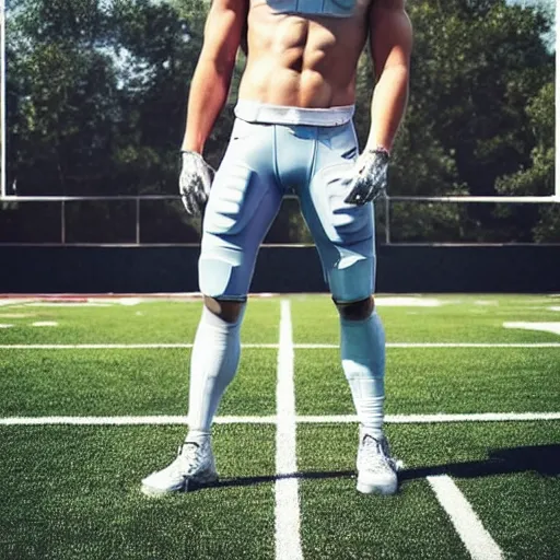 Image similar to “ a realistic detailed photo of a guy who is an attractive humanoid who is half robot and half humanoid, who is a male android, football player christian mccaffrey, shiny skin, posing like a statue, blank stare, on the field, on display ”