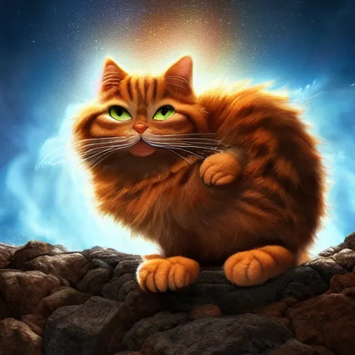 Prompt: garfield the cat at the end of time, hyper realistic, explosion in background, trending on artstation