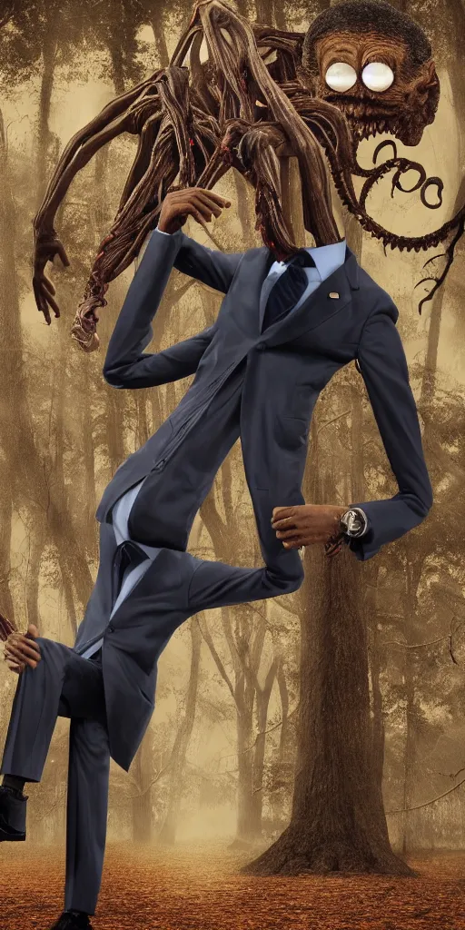 Prompt: Obama with extremely long arms and legs, staring at viewer, smiling, Eldritch Horror, found footage, dark forest background