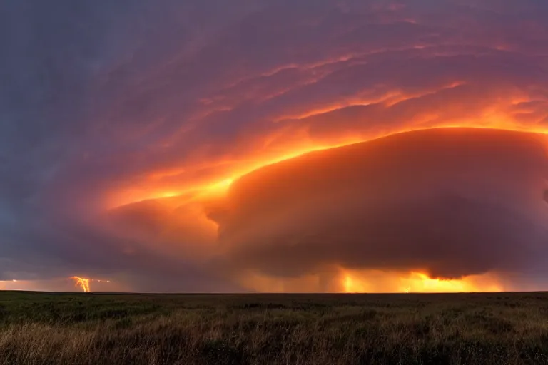 Image similar to a photo of a supercell thunderstorm, illuminated from various angles by the setting sun, cinematic