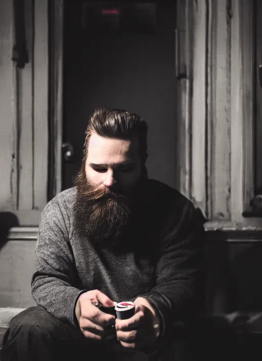 Image similar to Photography of a sad fully bearded man wearing warm clothes and carrying a huge travel backpack, drinking and smoking , sitting in a bar, full body shot, atmospheric lighting , wide angle lens