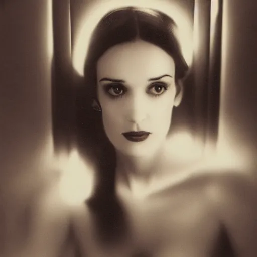 Image similar to portrait of winona ryder intricate, elegant, glowing lights, highly detailed photo by william mortensen