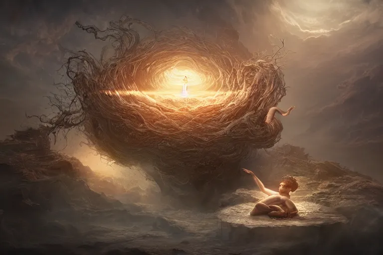 Image similar to a god giving birth to itself and then to a new universe and then dissolving itself into it, in the style of wlop, illustration, epic, fantasy, hyper detailed, smooth, unreal engine, sharp focus, ray tracing