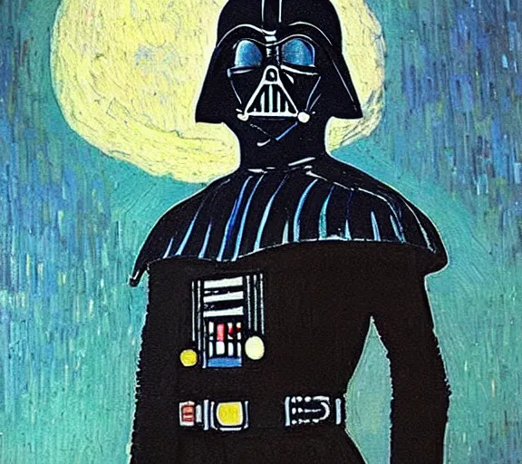 Image similar to beautiful oil painting of Darth Vader by Vincent van Gogh; realistic-lighting