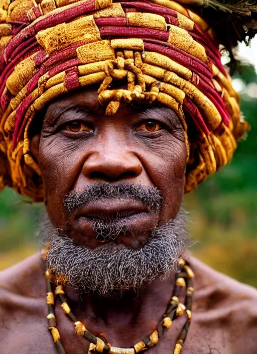 Prompt: analogue photo of an igbo chief, 35mm, f/1.4, Golden Hour light, national geographic, photographed by Martha Cooper,