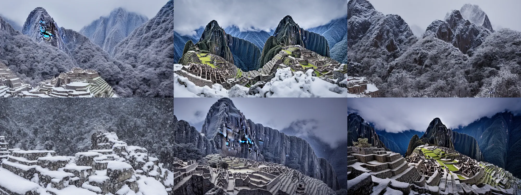 Prompt: Machu Picchu covered in snow, blizzard, winter, landscape photography, cold, 35mm, 4k, high quality, National Geographic photography