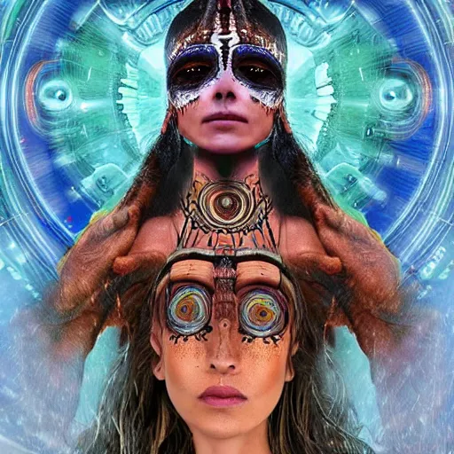 Prompt: a brown indigenous third eye shaman with embossed hyphae virtual reality headset in cumulonimbus storm time machine tunnel thunder energy portal : blade runner replicant