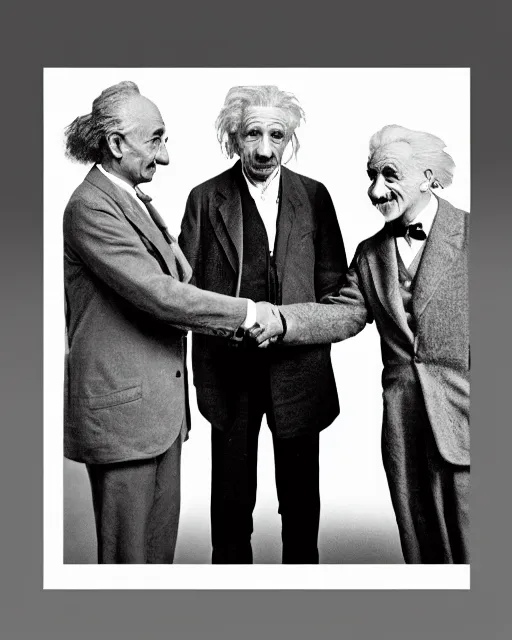 Prompt: A photo of Albert Einstein shaking hands with Oppenheimer , highly detailed, trending on artstation, bokeh, 90mm, f/1.4