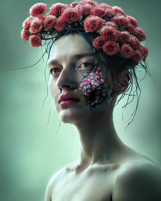 Image similar to a digital horror portrait of a beautiful sad woman with flowers and fungus growing out of her head and petals dripping from her eyes, intricate, sharp focus, digital illustration, highly detailed, octane render, digital painting, matte, art by professional artist