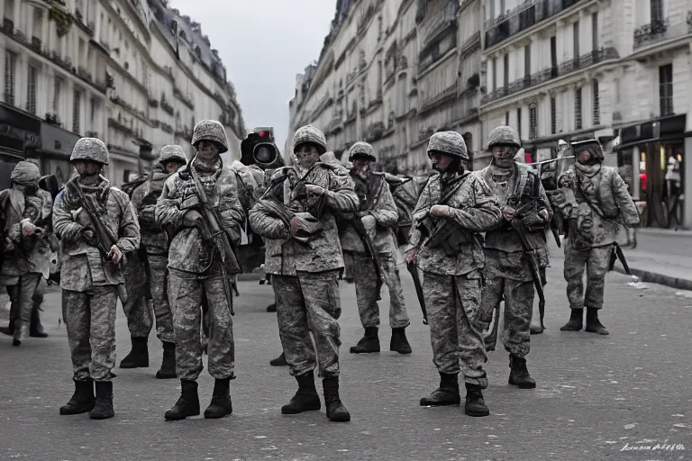 Image similar to soldiers fighting in the street of Paris, photography photorealism, photojournalism