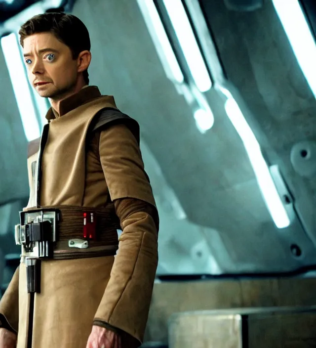 Image similar to topher grace in star wars, movie still frame, hd, remastered, film grain, cinematic lighting