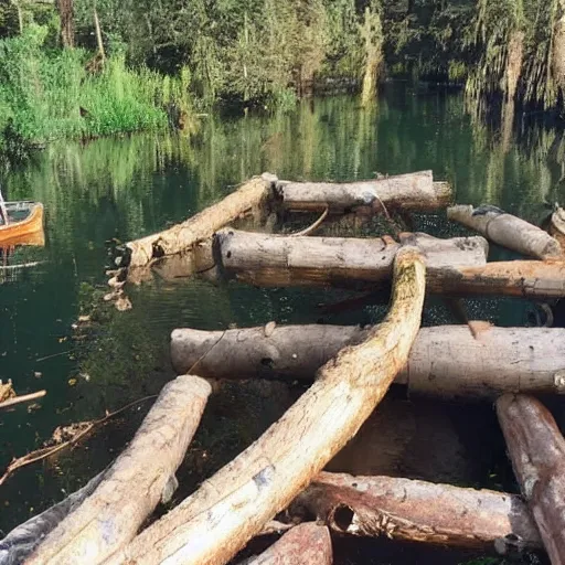 Prompt: primitive wooden dock on a lake coast with primitive rowboats docked at it, bushcraft, made of logs