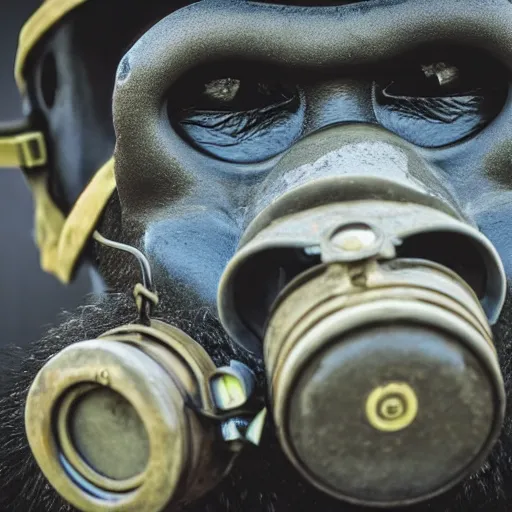 Image similar to high quality photo of A gorilla wearing a world war 2 gas mask, realism, 8k, award winning photo