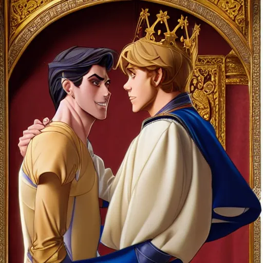 Image similar to attractive fully clothed king confesses his love for his attractive fully clothed male prince. highly detailed painting by glen keane and j. c. leyendecker 8 k