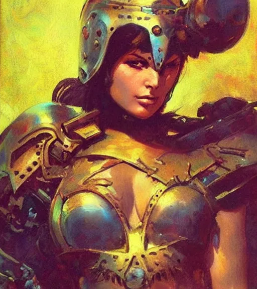 Image similar to portrait of strong iranian female chaos angel, beautiful! coherent! by frank frazetta, by brom, strong line, vivid neon color, spiked scrap metal armor, iron helm maximalist