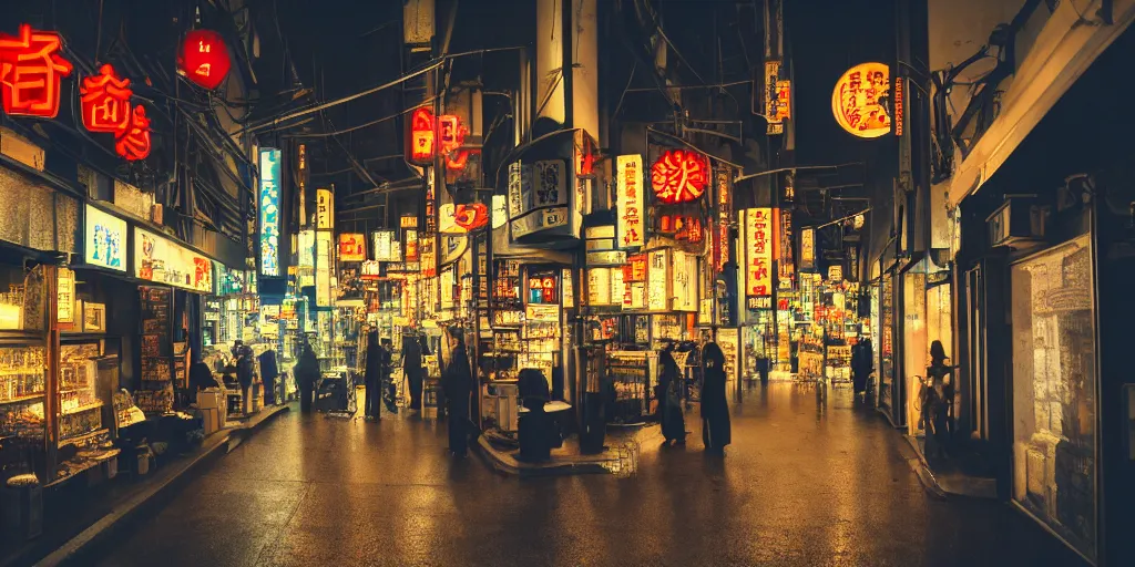 Image similar to underground city street in tokyo, large shopping windows, spice shops, vent pipes, pathway, neon signs, cyberpunk, desolate, cinematic, minimalist, 8 k, trending on artstation, cinematic