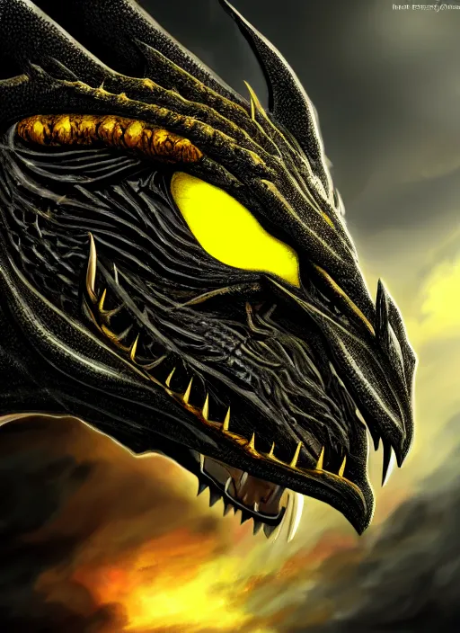 Image similar to closeup portrait of black dragon head with yellow eyes, ultra realistic, fantasy, magic, dnd,