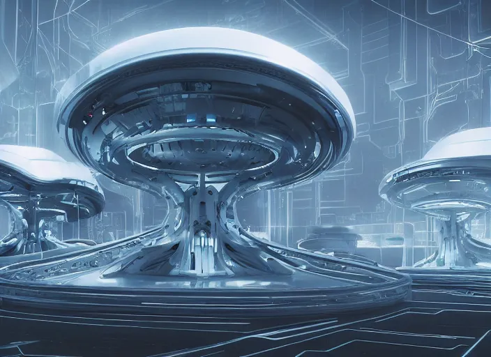 Image similar to cult of technology, exterior of scifi temple, machines, robots, ultra realistic, transparent labs, metallic surface, highly detailed, white, futuristic landscape, city, utopian architecture, atmosphere, masterpiece, portals, epic lighting, glowing wires, mysterious, 4 k, cinematic, art by patryk olkiewicz and chris ostrowski and liang yao