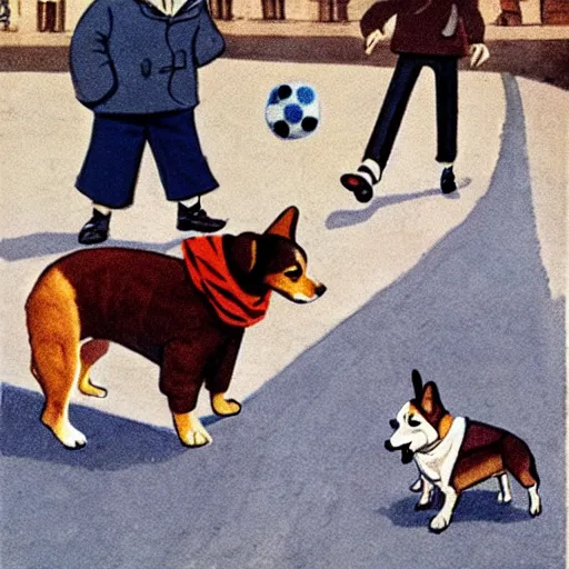 Image similar to a french boy on the streets of paris playing football against a corgi, the dog is wearing a polka dot scarf, book illustration, 1 9 6 6