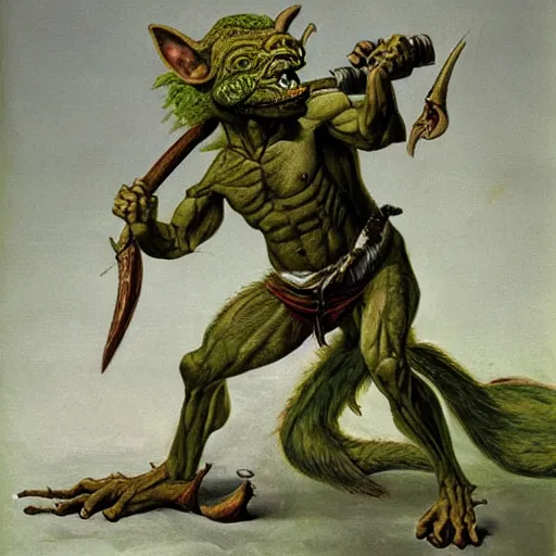 Image similar to dog - faced muscular goblin, ugly face, lizard tail, holding scimitar made of bone, scimitar, colorized, green skin, hyper - detailed, primeval fantasy, prehistoric fantasy, art by jacques - louis david